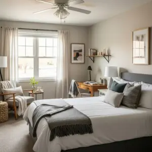 Professional stock image of a cozy, well-furnished short-term rental bedroom
